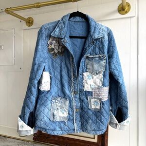 Quilted Denim Chambray Patchwork Spring Jacket Cottagecore Embroidered Floral